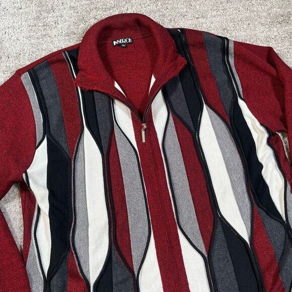 Vintage 90s Inserch 3D Textured Knit Zip Up Red Congo Style Sweater - Picture 2 of 7